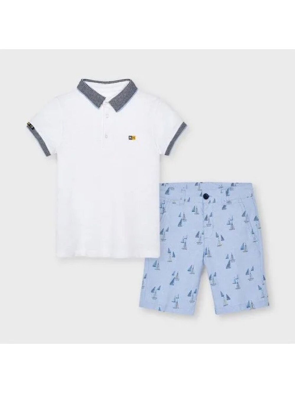 Size 4 Boys Mayoral White Polo with Blue Accents and Light Blue Sailboat Shorts